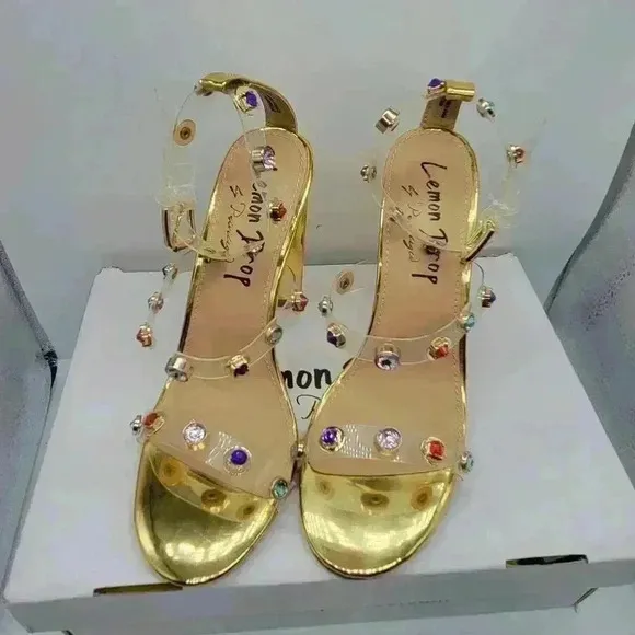 NEW IN BOX Lemon Drop by Privilege Strappy Gold Sandals 6.5 High Heel W/Stones