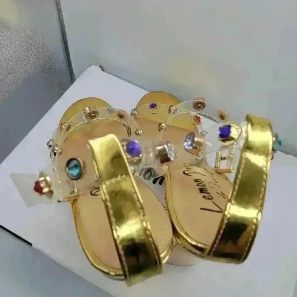 NEW IN BOX Lemon Drop by Privilege Strappy Gold Sandals 6.5 High Heel W/Stones