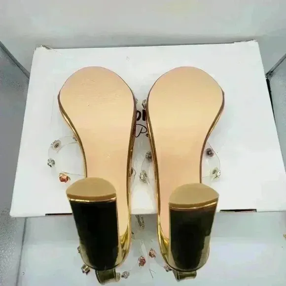 NEW IN BOX Lemon Drop by Privilege Strappy Gold Sandals 6.5 High Heel W/Stones