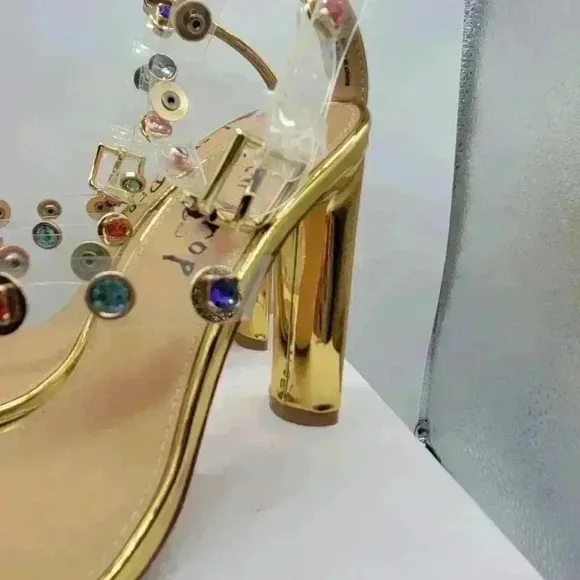 NEW IN BOX Lemon Drop by Privilege Strappy Gold Sandals 6.5 High Heel W/Stones