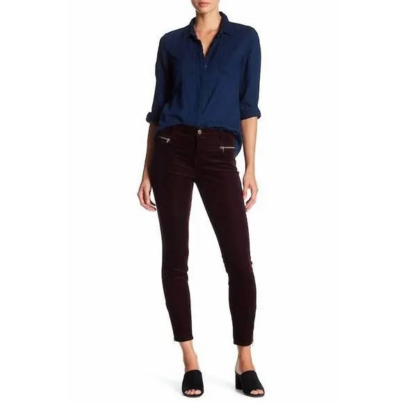 NEW J BRAND iselin burgundy gold ankle zip corduroy stretch jeans in dark burgun