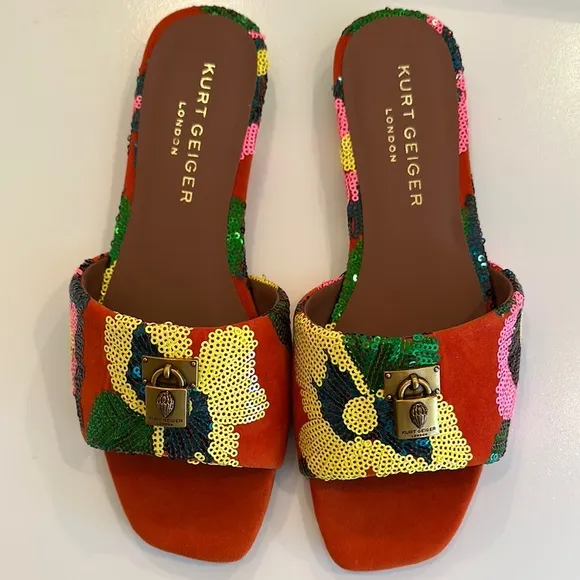 New Kurt Geiger Women's Multicolor Sequin Slide Sandals. Size 38.5