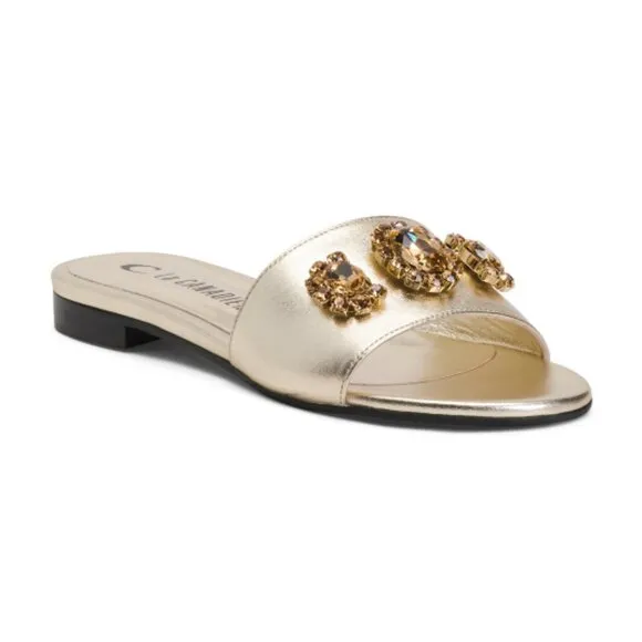 NEW LA CANADIENNE Made In Italy Leather Fleur Jewel Flat Sandals Platinum 121tn