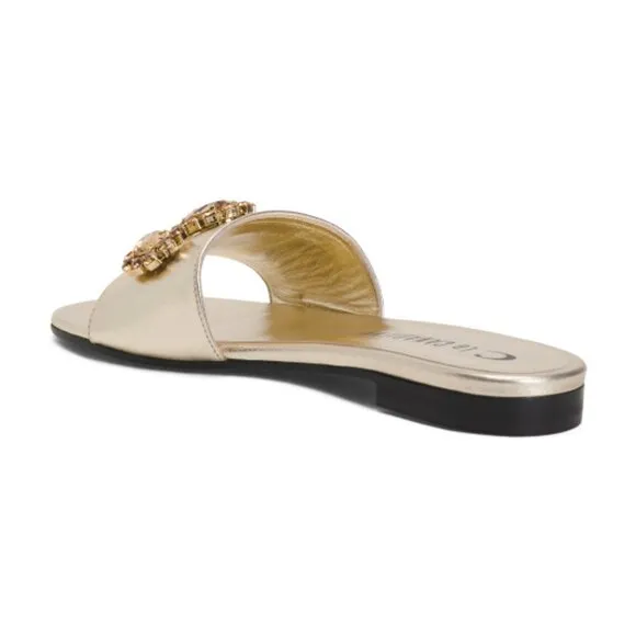 NEW LA CANADIENNE Made In Italy Leather Fleur Jewel Flat Sandals Platinum 121tn