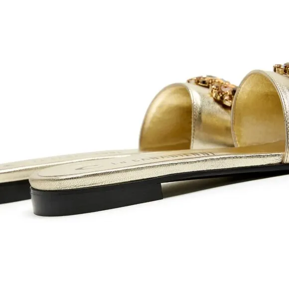 NEW LA CANADIENNE Made In Italy Leather Fleur Jewel Flat Sandals Platinum 121tn