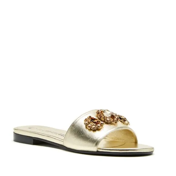 NEW LA CANADIENNE Made In Italy Leather Fleur Jewel Flat Sandals Platinum 121tn