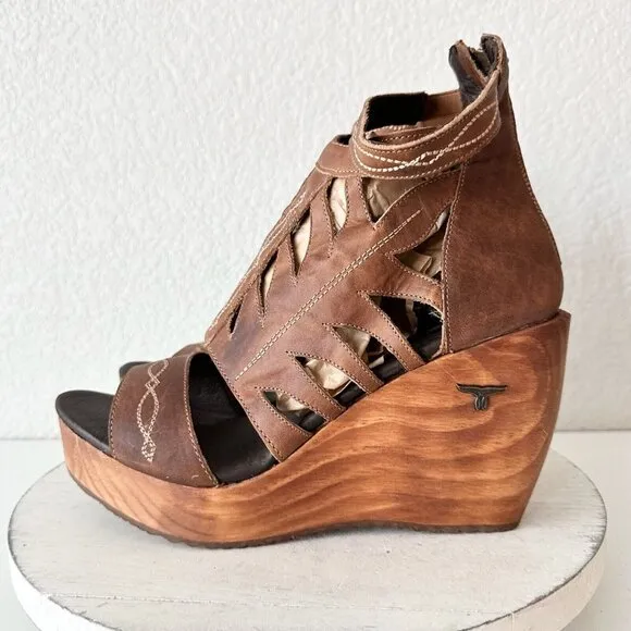 NEW Lane Boots BECCA Womens Brown Wedges 10 Western Sandals Cowgirl Leather