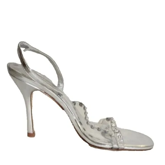 New! Larroude Annie Sandals Sz 7.5 Silver Leather with Swarovski crystals DD479
