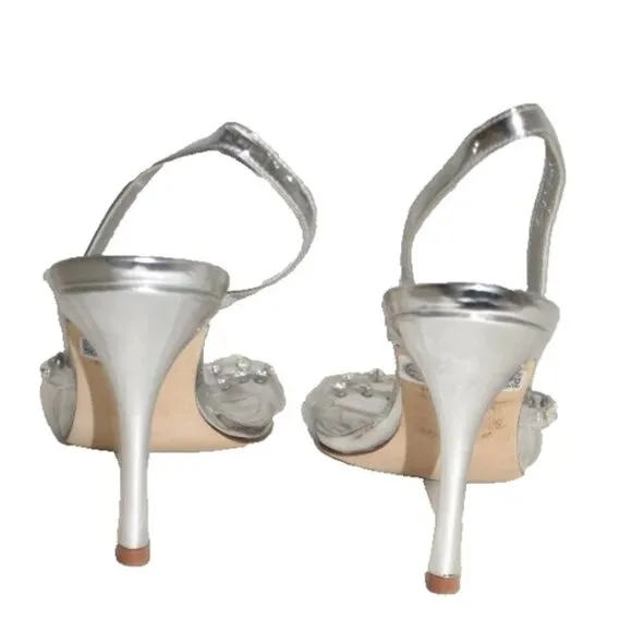 New! Larroude Annie Sandals Sz 7.5 Silver Leather with Swarovski crystals DD479