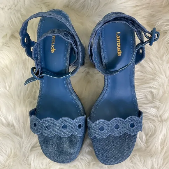NEW Larroude Dolly Broderie Blue Stoned Denim Platform Sandals Size 9
