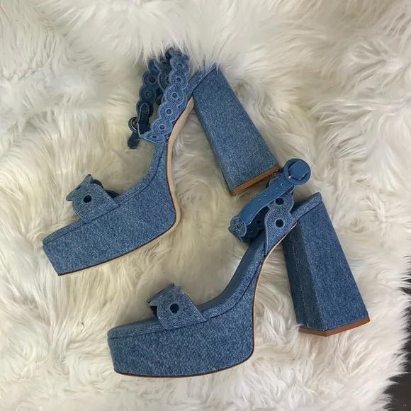 NEW Larroude Dolly Broderie Blue Stoned Denim Platform Sandals Size 9