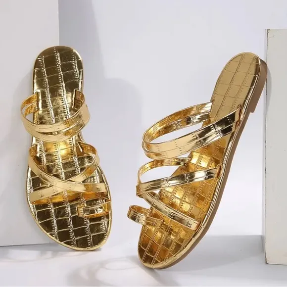 NEW Metallic Gold Crocodile Embossed Criss Cross Slide Sandals Size 8