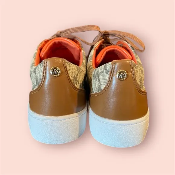 New Michael Kors Irving Logo Striped Sneakers Orange and Tan - Size 6