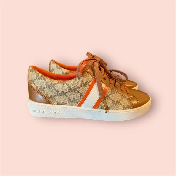 New Michael Kors Irving Logo Striped Sneakers Orange and Tan - Size 6
