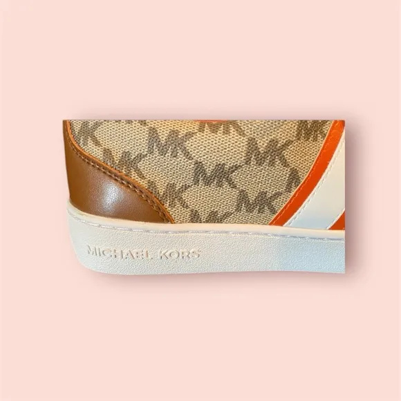 New Michael Kors Irving Logo Striped Sneakers Orange and Tan - Size 6