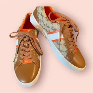 New Michael Kors Irving Logo Striped Sneakers Orange and Tan - Size 6