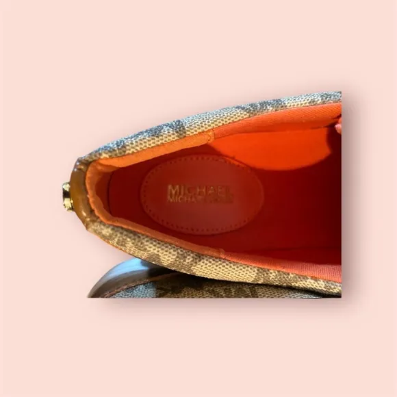 New Michael Kors Irving Logo Striped Sneakers Orange and Tan - Size 6