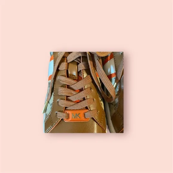 New Michael Kors Irving Logo Striped Sneakers Orange and Tan - Size 6