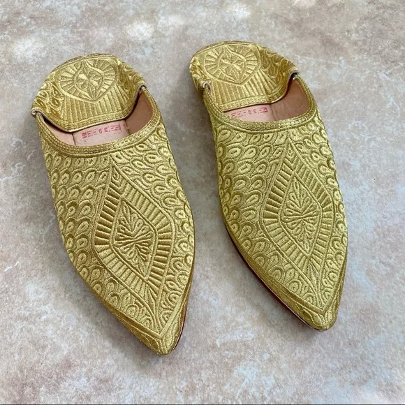 NEW Moroccan Luxury Babouche Gold Thread Embroidered Real Leather Slippers