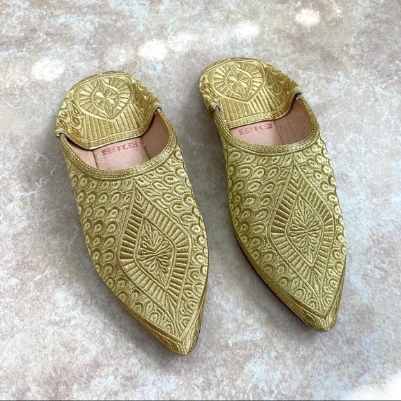 NEW Moroccan Luxury Babouche Gold Thread Embroidered Real Leather Slippers