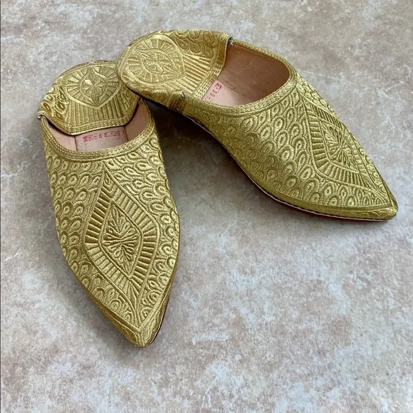 NEW Moroccan Luxury Babouche Gold Thread Embroidered Real Leather Slippers