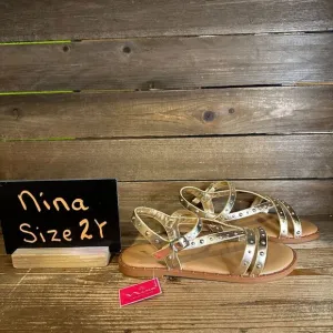 New NIB Big Kids Nina Larsa‎ Gold Beaded Leather Strappy Sandals Size 2 Y