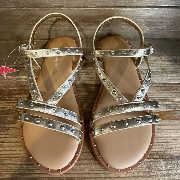 New NIB Big Kids Nina Larsa‎ Gold Beaded Leather Strappy Sandals Size 2 Y