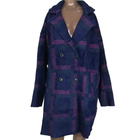 NEW NVLT Womens Coat Navy Blue/Multi Size M Eyelash Knit Plaid Double Breasted