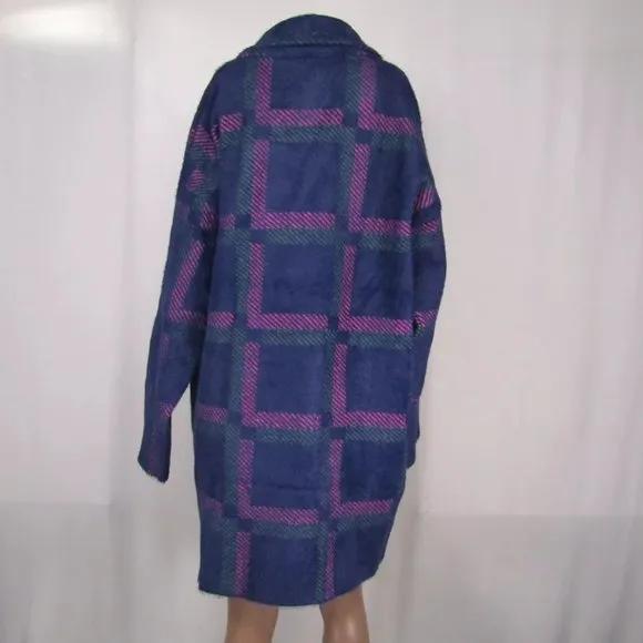 NEW NVLT Womens Coat Navy Blue/Multi Size M Eyelash Knit Plaid Double Breasted