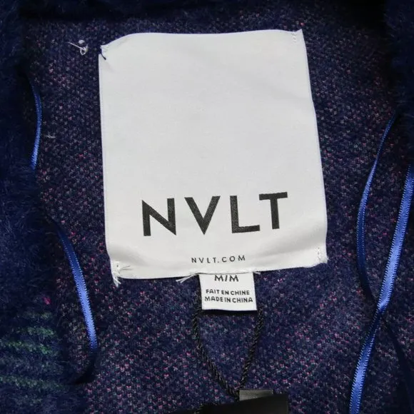 NEW NVLT Womens Coat Navy Blue/Multi Size M Eyelash Knit Plaid Double Breasted