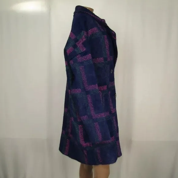 NEW NVLT Womens Coat Navy Blue/Multi Size M Eyelash Knit Plaid Double Breasted