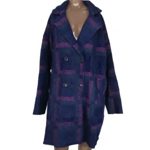 NEW NVLT Womens Coat Navy Blue/Multi Size M Eyelash Knit Plaid Double Breasted