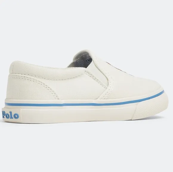 NEW Polo Ralph Lauren Cream/Blue Keaton Strawberry Polo Bear Slip-On Shoes 6