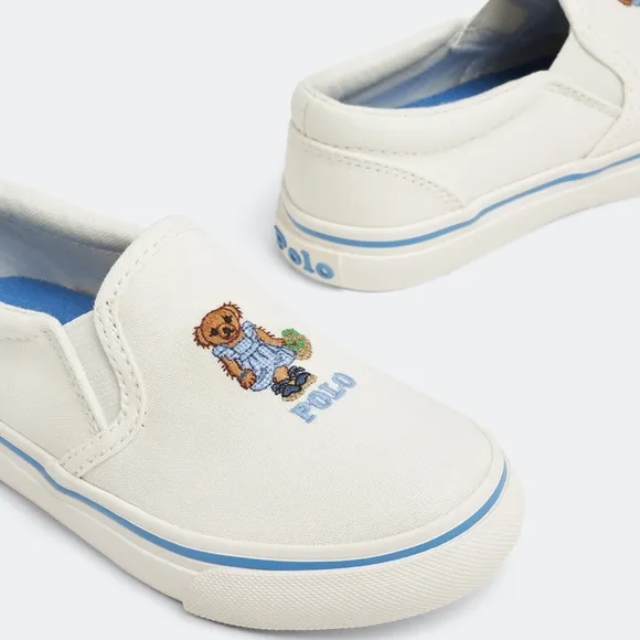 NEW Polo Ralph Lauren Cream/Blue Keaton Strawberry Polo Bear Slip-On Shoes 6