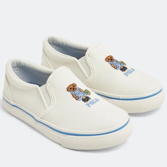 NEW Polo Ralph Lauren Cream/Blue Keaton Strawberry Polo Bear Slip-On Shoes 6