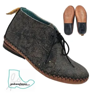 NEW Pskaufman Twisted Classics Womens 7 Black Gray Leather Moccasin Chukka Boots