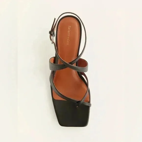 NEW Reformation Black Nappa Leather Stella Strappy Kitten Heels Sandals Size 7