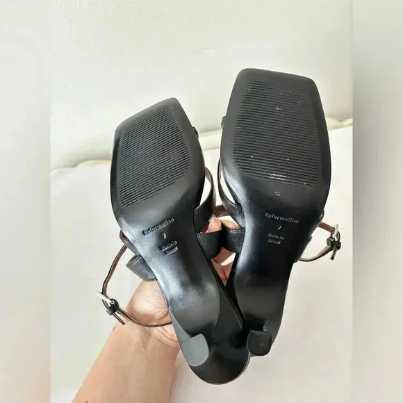 NEW Reformation Black Nappa Leather Stella Strappy Kitten Heels Sandals Size 7