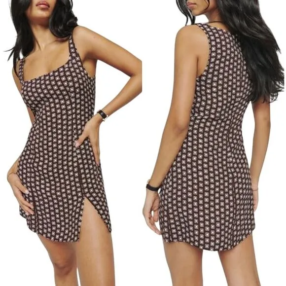 NEW Reformation Noha Geo Print Mini Dress Kicky Slit Sleeveless Brown Size 10