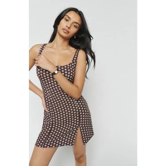 NEW Reformation Noha Geo Print Mini Dress Kicky Slit Sleeveless Brown Size 10
