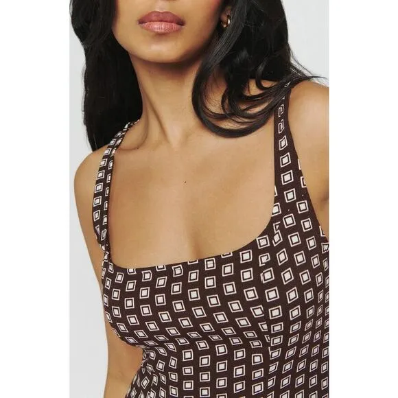 NEW Reformation Noha Geo Print Mini Dress Kicky Slit Sleeveless Brown Size 10