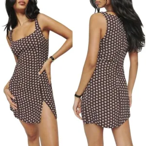 NEW Reformation Noha Geo Print Mini Dress Kicky Slit Sleeveless Brown Size 10