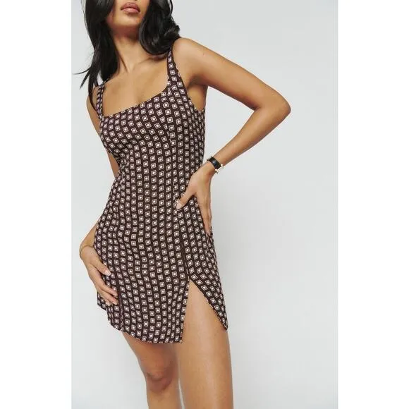 NEW Reformation Noha Geo Print Mini Dress Kicky Slit Sleeveless Brown Size 10