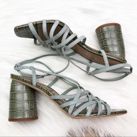 New Sam Edelman Daffodil Sandals in Seafoam Mineral Green Croc Embossed Leather