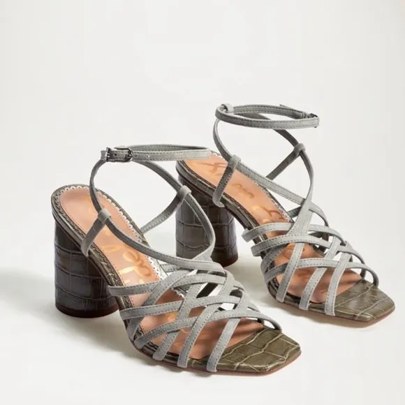 New Sam Edelman Daffodil Sandals in Seafoam Mineral Green Croc Embossed Leather