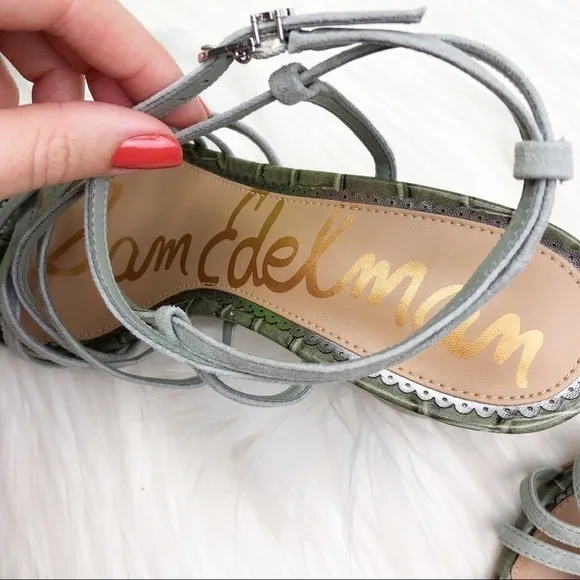 New Sam Edelman Daffodil Sandals in Seafoam Mineral Green Croc Embossed Leather