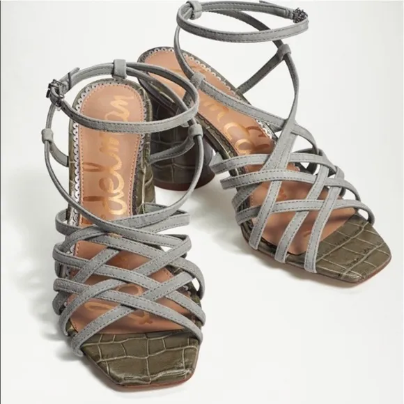 New Sam Edelman Daffodil Sandals in Seafoam Mineral Green Croc Embossed Leather