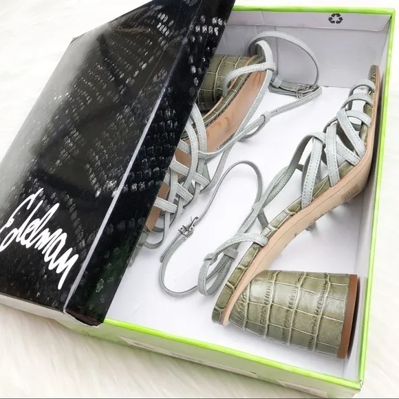 New Sam Edelman Daffodil Sandals in Seafoam Mineral Green Croc Embossed Leather