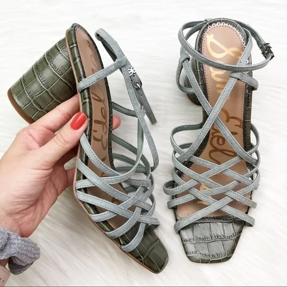 New Sam Edelman Daffodil Sandals in Seafoam Mineral Green Croc Embossed Leather