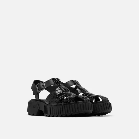 NEW SOREL Leather Ona Streetworks Fisherman Mid Sandals black for women 252
